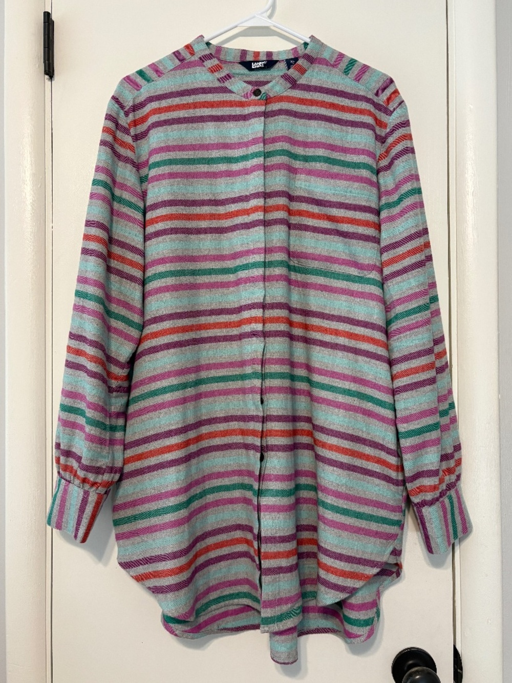 Lands' End #526620 Women's L/S Gray Stripe Flannel A-Line Tunic Shirt Top XL